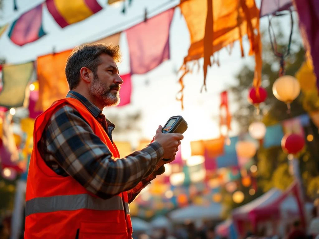 Festivalbeveiligingsinspecteur test brandvertragende eigenschappen van kleurrijke decoraties met veiligheidsvest aan