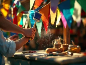 Verweerde handen reinigen kleurrijke vlaggenlijn op houten festivalstand met zachte borstel in warm middaglicht