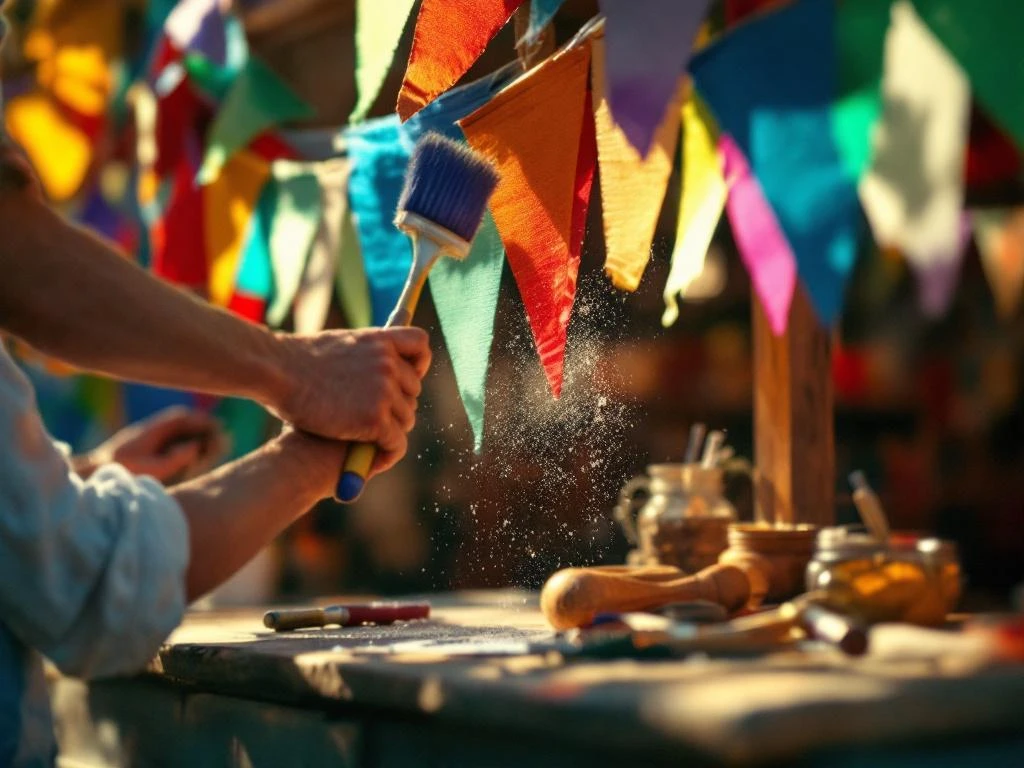 Verweerde handen reinigen kleurrijke vlaggenlijn op houten festivalstand met zachte borstel in warm middaglicht