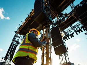 Geluidstechnicus inspecteert festivalpodiumbouw met veiligheidshelm, speakers en lichtinstallatie tegen blauwe lucht