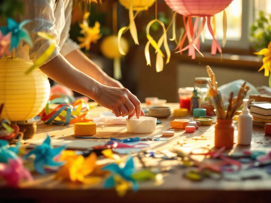 Handen maken kleurrijke papieren lantaarns en stoffen slingers aan houten werktafel met knutselspullen en warme zonlicht