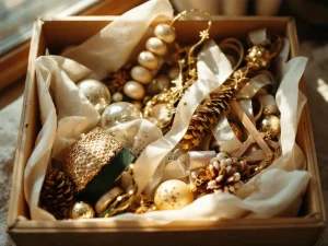 Georganiseerde opbergdoos met herbruikbare kerstversiering, vintage glazen kerstballen, linten en houten slinger