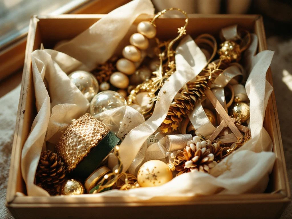Georganiseerde opbergdoos met herbruikbare kerstversiering, vintage glazen kerstballen, linten en houten slinger