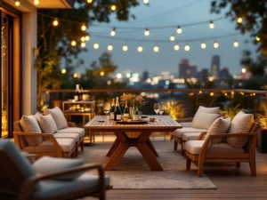 Luxe buitenterras met teak eettafel, crème loungestoelen, bar en stadssilhouet bij zonsondergang