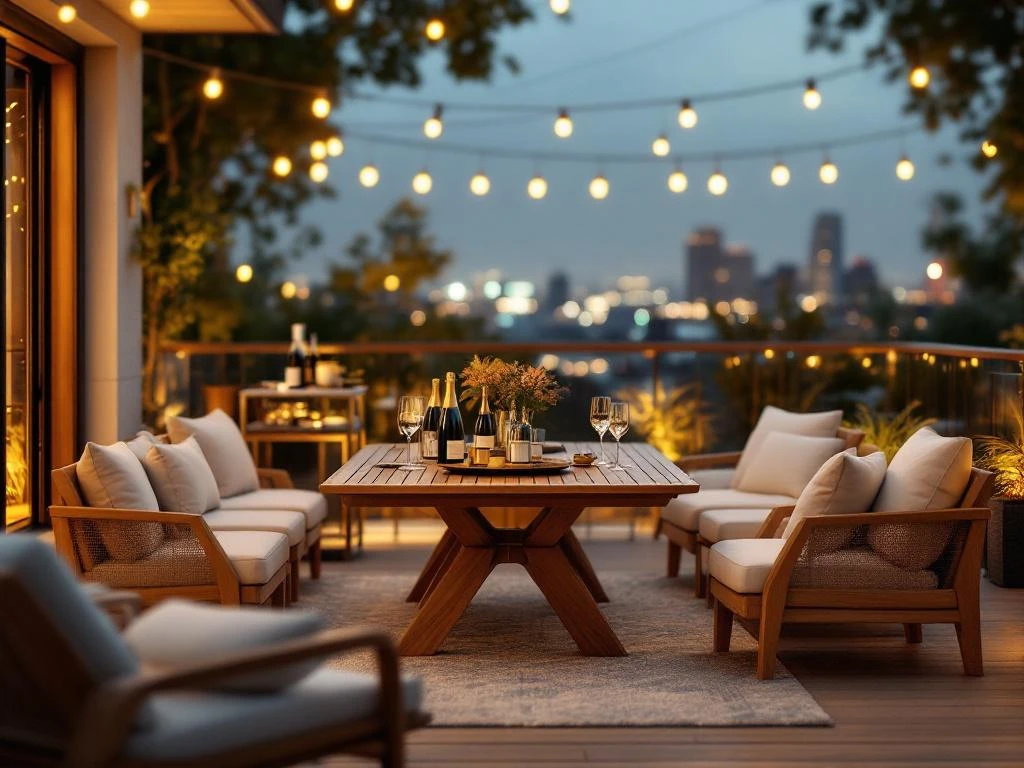 Luxe buitenterras met teak eettafel, crème loungestoelen, bar en stadssilhouet bij zonsondergang