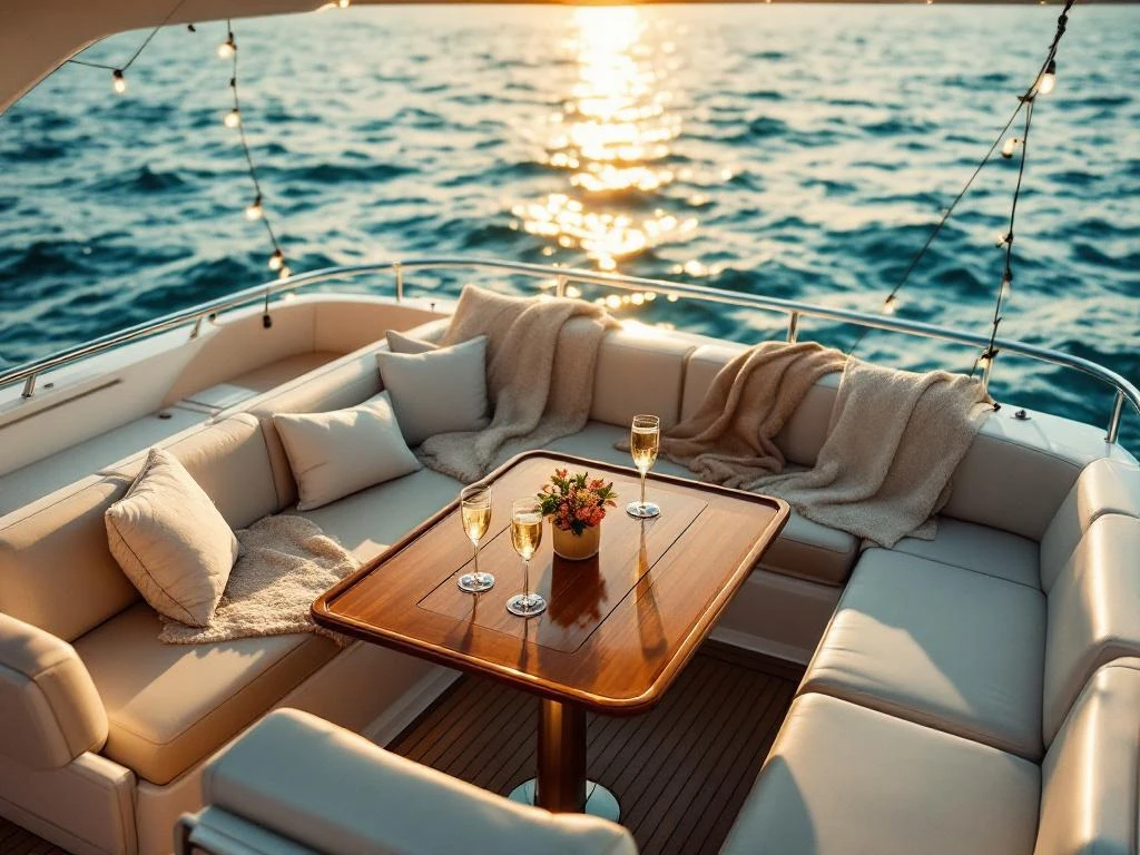 Luxe jacht VIP-dek met crème leren stoelen rond teakhouten tafel, champagneglazen en gouden zonsonderganglicht