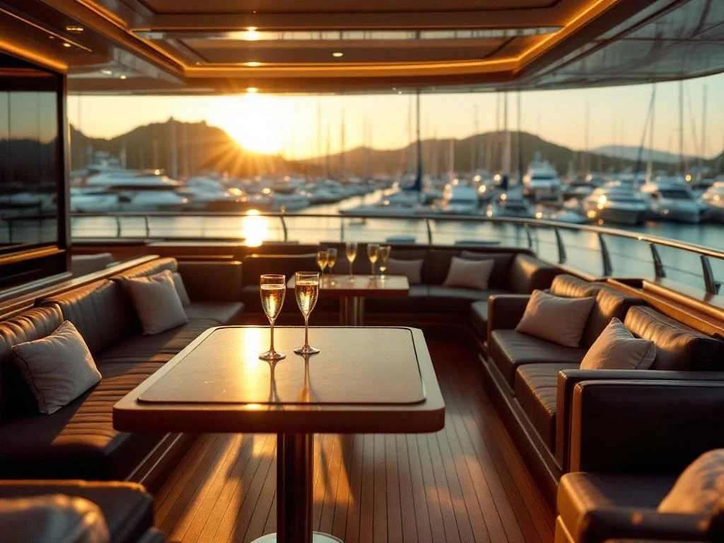 Luxe VIP-dek met leren stoelen en teakhouten tafels met uitzicht op jachthaven bij zonsondergang
