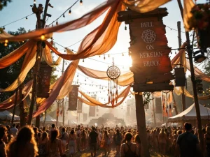 Kleurrijk openlucht muziekfestival podium met stoffen banners, lichtjes en festivalgangers in gouden zonlicht