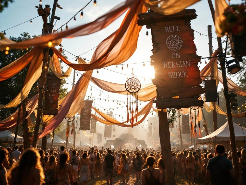 Kleurrijk openlucht muziekfestival podium met stoffen banners, lichtjes en festivalgangers in gouden zonlicht