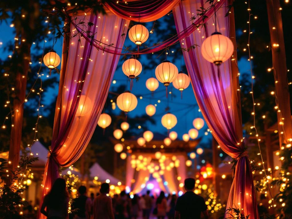 Nachtelijk festivalterrein met kleurrijke lantaarns, sierlijke lichtjes en versierde toegangsboog onder sterrenhemel