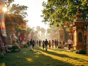 Kleurrijk buitenfestival met culturele decoraties, kunstinstallaties en bezoekers tijdens gouden uurtje