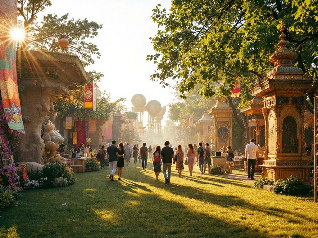 Kleurrijk buitenfestival met culturele decoraties, kunstinstallaties en bezoekers tijdens gouden uurtje