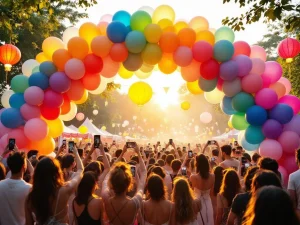 Regenboog ballonnenboog op festival met mensen die selfies maken tijdens gouden uurtje
