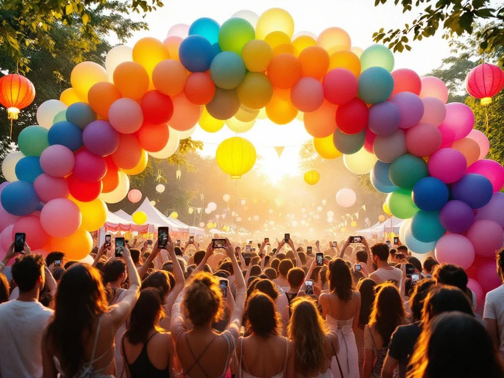 Regenboog ballonnenboog op festival met mensen die selfies maken tijdens gouden uurtje