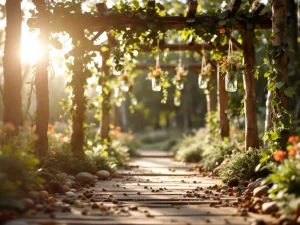 Rustiek houten festivalpodium met klimop, eucalyptus, wilde bloemen in mason jars en berkenhout boog in gouden zonlicht