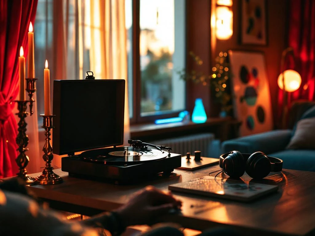 Vintage platenspeler draait klassieke plaat in stijlvolle woonkamer met moderne en klassieke decoratie-elementen