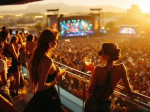 VIP-dek met elegante gasten die cocktails drinken met uitzicht op kleurrijk muziekfestival en dansende menigte beneden