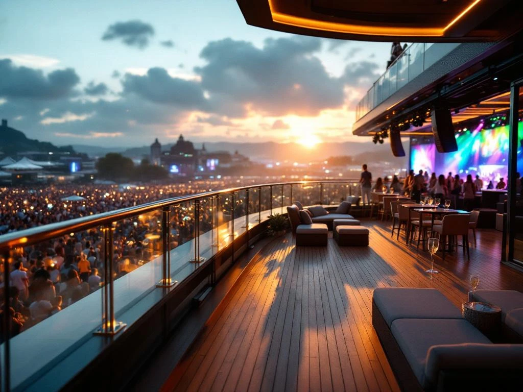 VIP-deck met champagne en lounge meubilair kijkt uit over kleurrijk verlicht muziekfestival bij zonsondergang