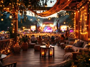 VIP festivaldek met bohemien decoratie en lounge zitplaatsen met uitzicht op verlicht muziekfestival en hoofdpodium