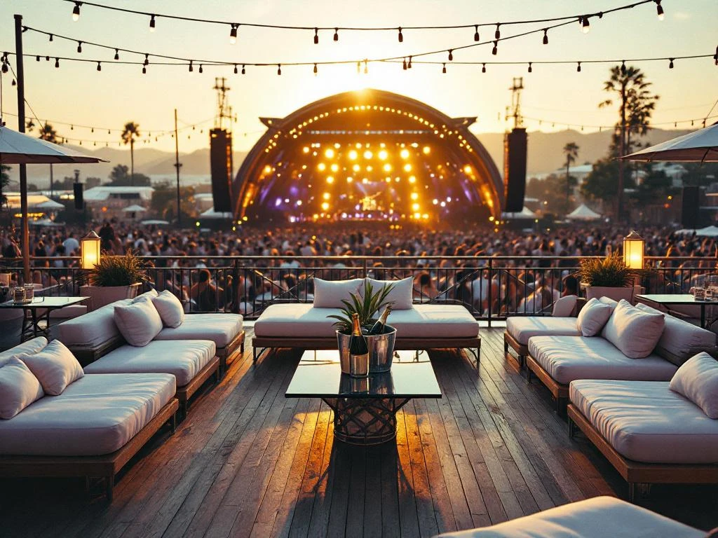 VIP festivaldek met witte loungemeubilair en champagne, overlooking muziekpodium tijdens gouden uur