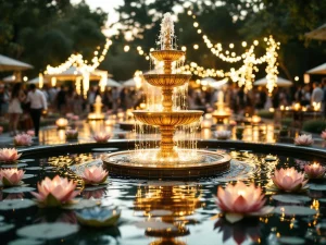 Elegante waterfontein met drijvende lotusbloemen en glazen kommen op buitenfestival tijdens gouden uur