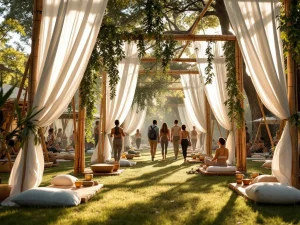 Wellness festival met bamboe bogen, witte doeken, meditatie platforms en bezoekers in yogakleding tussen bomen in gouden licht