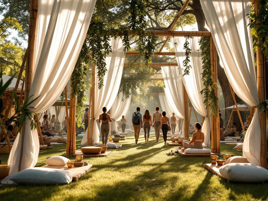 Wellness festival met bamboe bogen, witte doeken, meditatie platforms en bezoekers in yogakleding tussen bomen in gouden licht