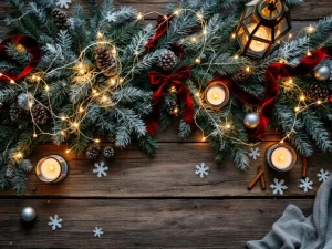 Rustieke houten tafel met winterfestival middelpunt van dennentakken, lichtjes, rode linten, zilveren dennenappels en kaarsen