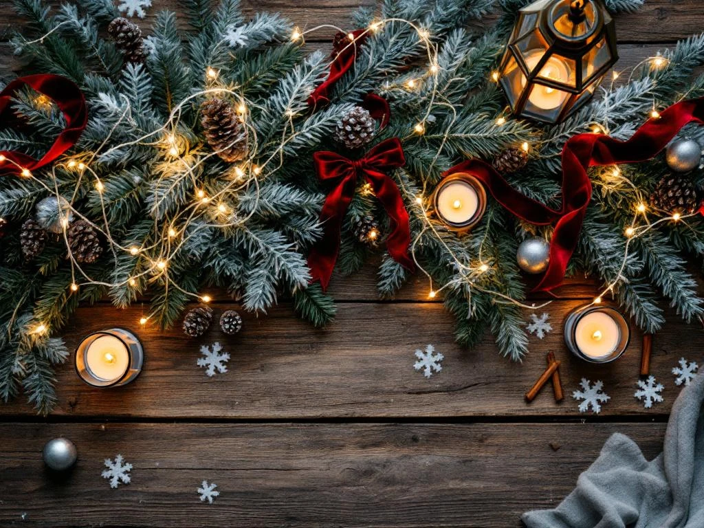 Rustieke houten tafel met winterfestival middelpunt van dennentakken, lichtjes, rode linten, zilveren dennenappels en kaarsen