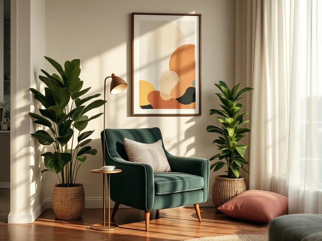 Moderne woonkamer met fluwelen fauteuil, abstracte wandkunst, vloerlamp en groene plant bij raam met natuurlijk licht