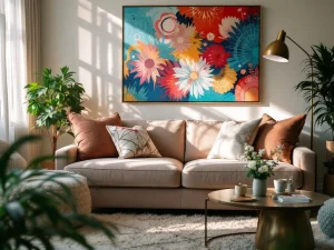 Elegante woonkamer met fluwelen bank, decoratieve kussens, kunstwerk aan de muur en sfeervolle verlichting