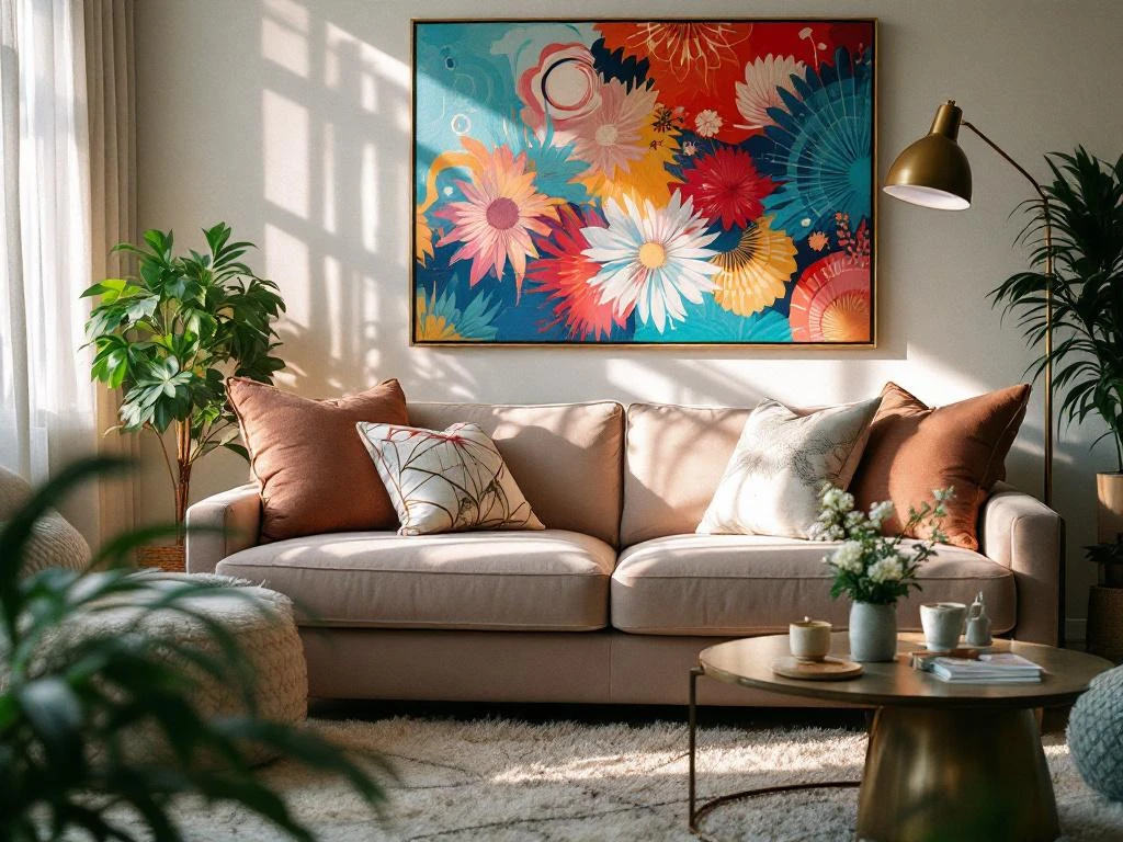 Elegante woonkamer met fluwelen bank, decoratieve kussens, kunstwerk aan de muur en sfeervolle verlichting