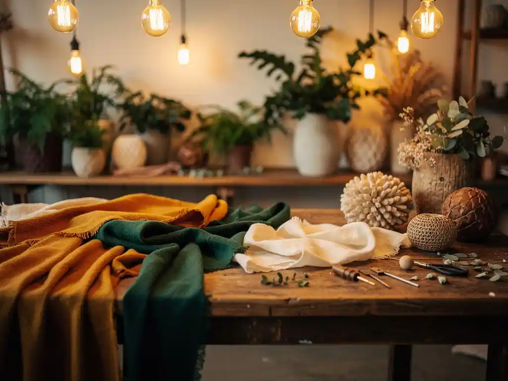 Rustieke houten tafel met handgemaakte decoratieve props en stoffen, verlicht door warme Edison-lampen in een creatieve workshopruimte.
