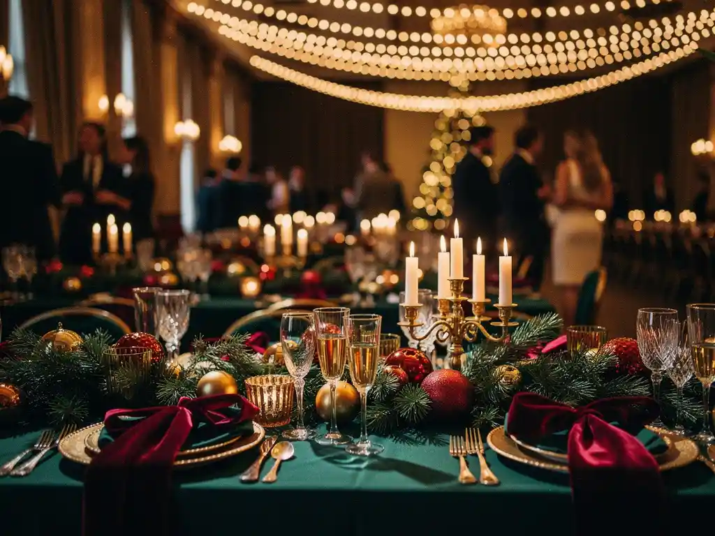 Feestelijk versierde banketzaal met dennenslingers, kaarsen, rode fluweellinten en champagneglazen in goud, groen en bordeauxrood.