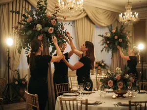 Stylisten plaatsen hoge bloeminstallaties en gedrapeerde stoffen in een elegante evenementenlocatie met gedekte ronde tafels op de achtergrond.