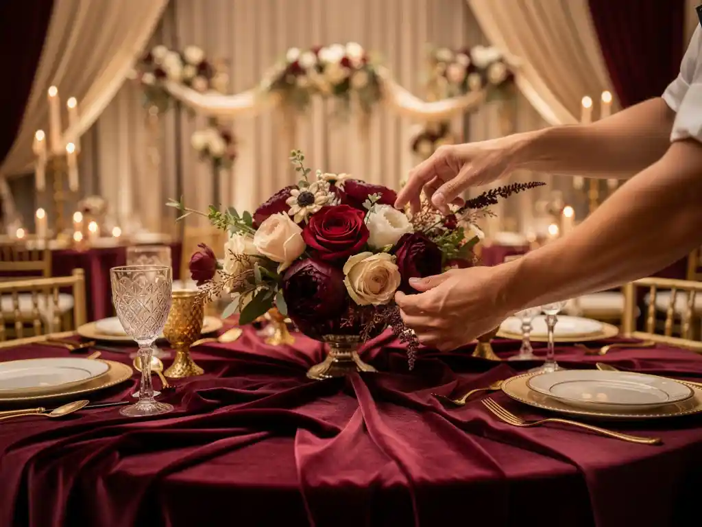 Bloemist schikt sierlijk bloemstuk op gedekte banquettafel in feestzaal met kaarslicht, bordeauxrood en champagnegoud decor.