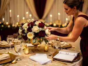 Eventstylist schikt weelderige bloemstuk op gedekte banquettafel met facturen en planner, kaarsen en gedrapeerde stof op de achtergrond.