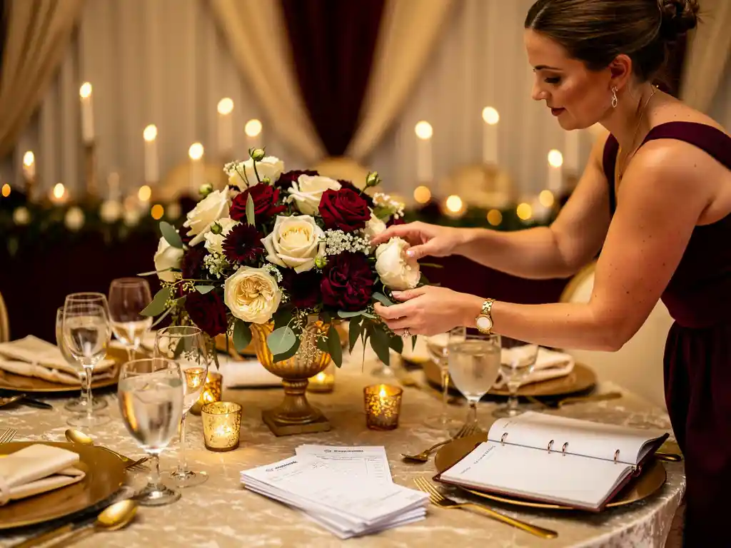 Eventstylist schikt weelderige bloemstuk op gedekte banquettafel met facturen en planner, kaarsen en gedrapeerde stof op de achtergrond.