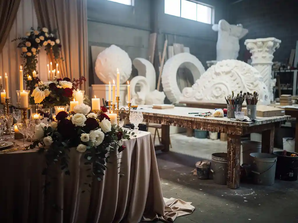 Weelderige huwelijksreceptietafel met cascaderende bloemen, kaarsen en zijden linnen naast een productiewerkplaats met rekwisieten en verfvlekken.