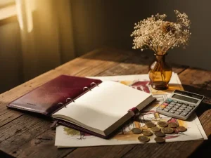 Opengeslagen leren planner op rustiek houten tafel met gedroogde bloemen, calculator en euromunten in warm gouden licht.