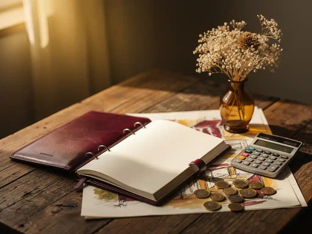 Opengeslagen leren planner op rustiek houten tafel met gedroogde bloemen, calculator en euromunten in warm gouden licht.