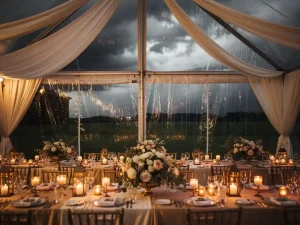 Elegante buitentent met champagnekleurige linnen en bloemstukken, gouden kaarslicht contrasteert met dramatische stormlucht en regendruppels op transparante tentwanden.