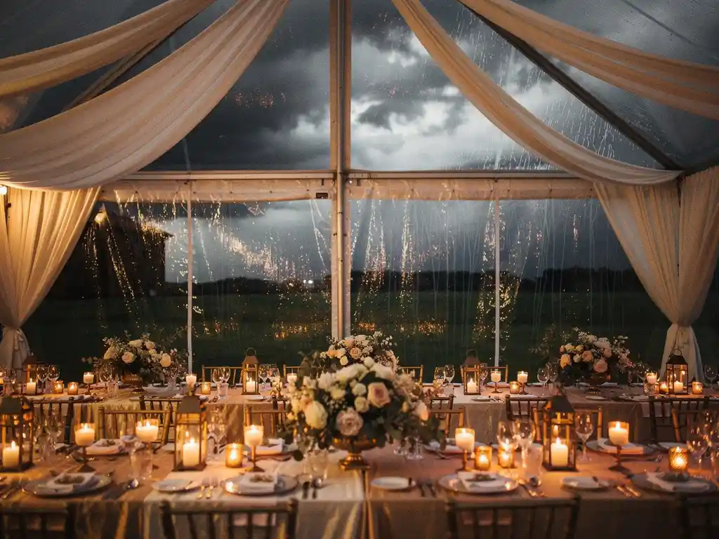 Elegante buitentent met champagnekleurige linnen en bloemstukken, gouden kaarslicht contrasteert met dramatische stormlucht en regendruppels op transparante tentwanden.