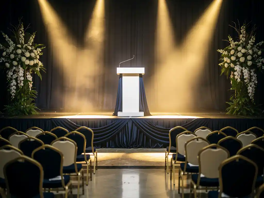 Elegante conferentiezaal met marineblauw en gouden podiumdecoratie, witte stoelrijen en bloemkolommen in warm spotlicht.