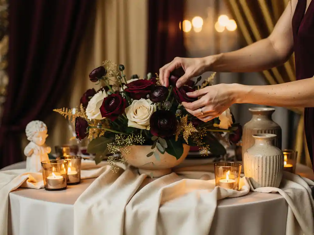 Decorateurshand schikt handgemaakte bloemen centerpiece op feesttafel met kaarsen, stofdrapering en gouden accenten in bordeaux en ivoor.