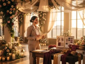 Eventstylist begeleidt grandioze zaaltransformatie met bloemcascades, gedrapeerde stoffen en gloeiende lantaarns in bordeauxrood, champagnegoud en ivoor.