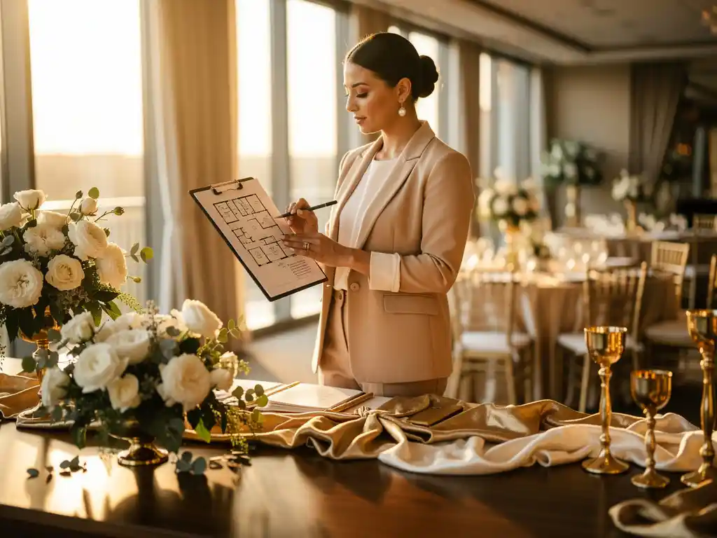 Eventstyliste bekijkt decoratieplan op klembord, omringd door bloemstukken, stoffen en gouden kandelaars op planningstafel.