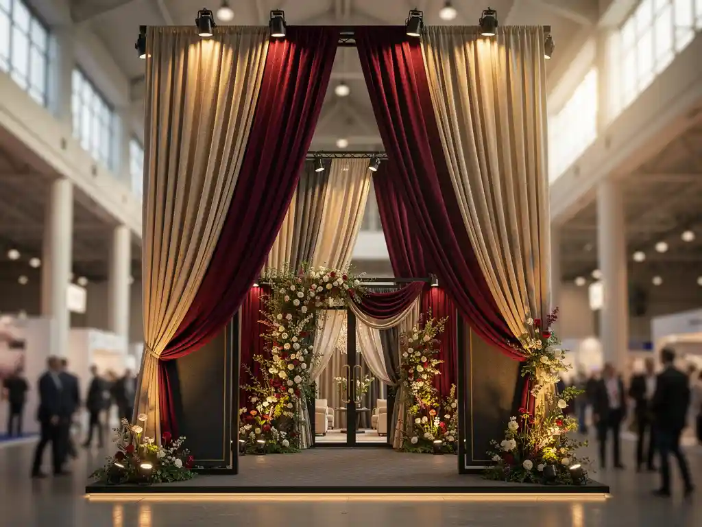 Luxe beursstand met bordeauxrode stoffen, gouden accenten en bloemstukken in een grote tentoonstellingshal met warme spotverlichting.