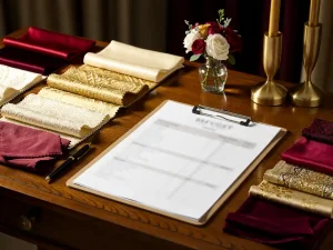 Gedetailleerd evenementenbudget op een eiken bureau met stoffen, een bloemstuk, gouden kandelaars en kostenoverzicht op klembord.