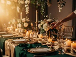 Hand van een eventcoördinator die een bloemstuk plaatst op een gestyleerde bankettafel met kaarsen, linnen en gouden en smaragdgroene decoraties.